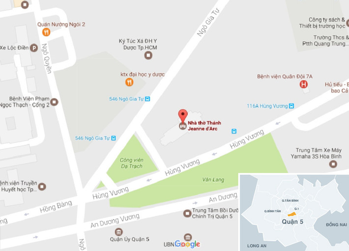 Nhà thờ Ngã Sáu nằm tại số 16A Hùng Vương, phường 9, quận 5, TP.HCM. Ảnh: Google Map.