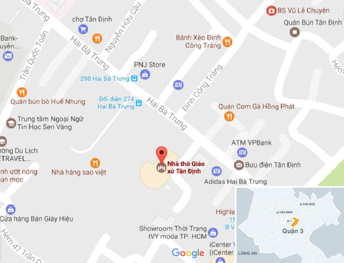 Nhà thờ Tân Định nằm ở số 289 Hai Bà Trưng, phường 8, quận 3, TP.HCM. Ảnh: Google Map.