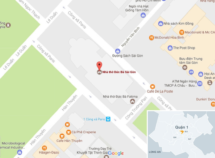 Nhà thờ Đức Bà nằm ở số 1, Công xã Paris, phường Bến Nghé, quận 1, TP.HCM. Ảnh: Google Map.