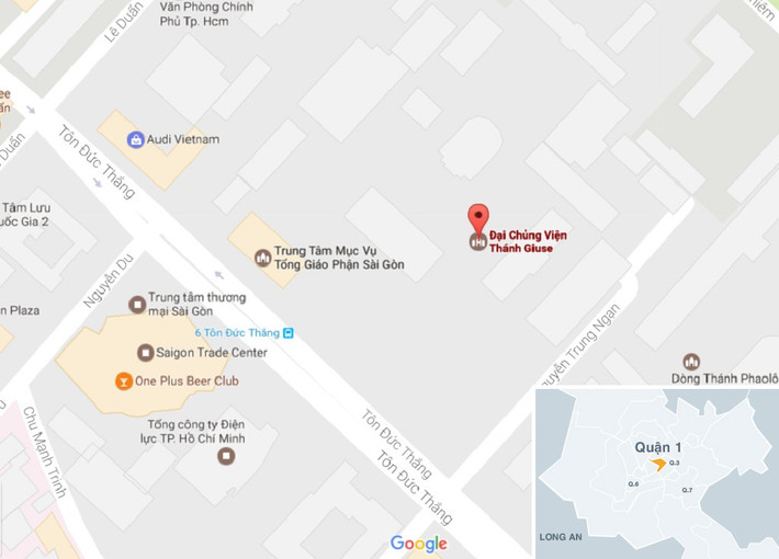 Đại chủng viện Thánh Giuse có địa chỉ tại số 6 Tôn Đức Thắng, phường Bến Nghé, quận 1, TP.HCM. Ảnh: Google Map.