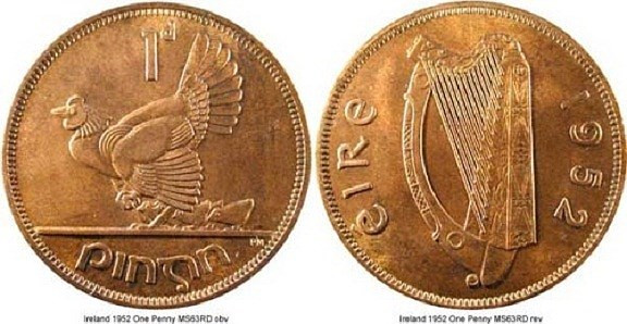 Những người Ireland gốc tin rằng đồng một xu (penny) của nước mình mang lại may mắn cho bất cứ ai nhận được. Có tài liệu kể: những người bán hàng xưa kia trả lại đồng một xu cho khách để chúc họ may mắn. Lý do nữa khiến đồng tiền này trở nên giá trị là nó chỉ được đúc trong khoảng thời gian nhất định (1928-1968). Sau đó, chúng bị thu hồi và nấu chảy, chỉ số ít được người dân cất giấu và 35 năm sau đó trở thành món đồ các nhà sưu tập Ireland ráo riết săn lùng. (Ảnh: Nwcoin)
