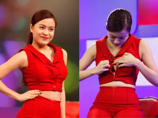 Vì diện áo crop top ôm sát cơ thể, Hoàng Thùy Linh đã bị bung cúc trên sóng Buổi trưa vui vẻ tháng 4/2014. Để giải quyết sự cố, nữ ca sĩ đã nhanh chóng cân chỉnh lại trang phục trong sự lúng túng của mình.