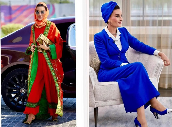 Mỗi bộ đồ của bà Sheikha Mozah đều hài hòa trong từng chi tiết nhờ sự ăn khớp ở cách chọn trang phục, giày dép, trang sức và các phụ kiện. Ảnh: IT.