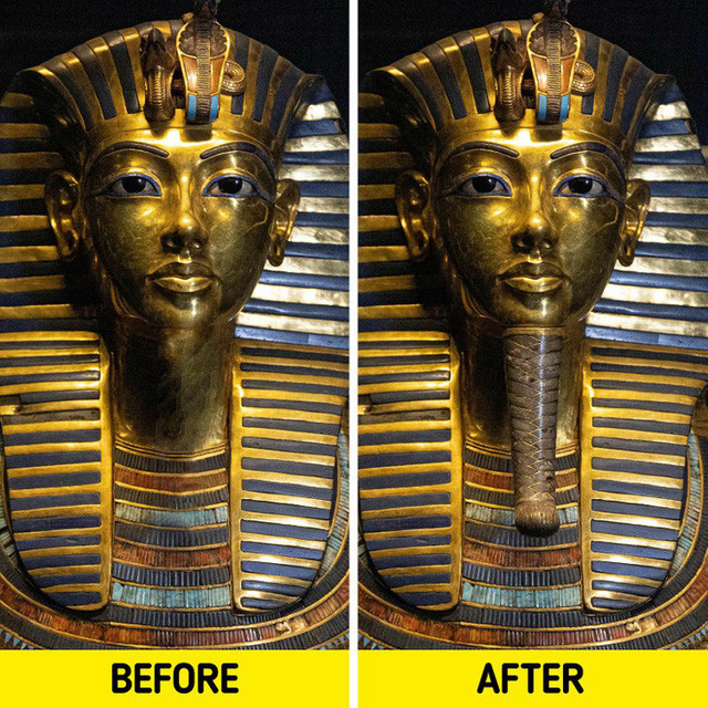 Bộ râu của Tutankhamun từng bị gãy và dán lại: Cách đây không lâu, chiếc mặt nạ của Tutankhamun - một pharaon Ai Cập thuộc Vương triều thứ 18 - đã bị nhân viên của một viện bảo tàng làm gãy bộ râu. Sau đó, bộ râu được gắn lại nhưng khi họ cố gắng loại bỏ phần keo thừa, nó lại bị trầy xước. Ảnh: BP.