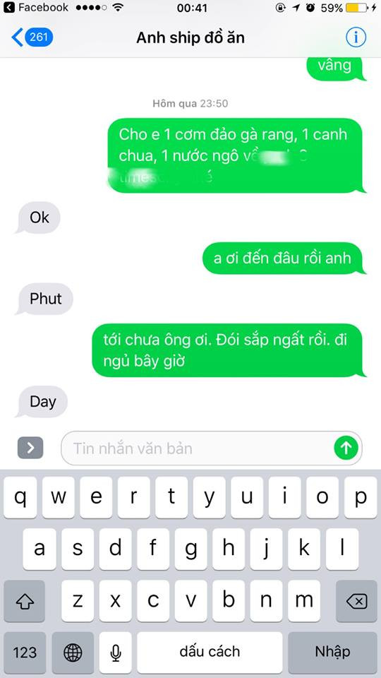 Đặc trưng của công việc là suốt ngày rong ruổi ngoài đường cũng khiến các shipper nhắn tin rút gọn hết mức có thể. "Lạnh lùng chiếm cả thế gian! Trên đời chưa 1 người đàn ông nào dám nhắn 1 chữ cho tôi tự hiểu như nhà anh đâu nhé", một cô nàng hot girl trên mạng phải thốt lên khi nhận được những dòng tin nhắn phản hồi của "anh ship đồ ăn". Ảnh chụp màn hình/Facebook.