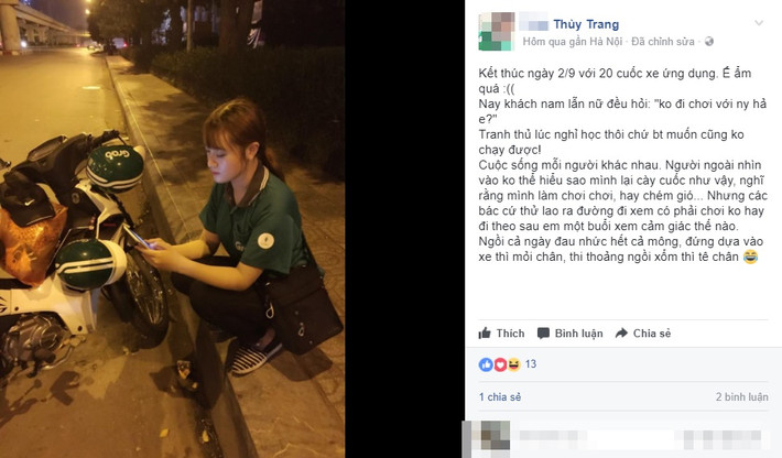 Được biết, "hot girl xe ôm" xinh đẹp này quê Nam Định, hiện đang sinh sống, học tập và làm việc tại Hà Nội. Cũng như bao bạn trẻ khác, cô sinh viên sống xa nhà Thùy Trang quyết định lựa chọn chạy Grabbike để kiếm thêm thu nhập trang trải học phí và sinh hoạt