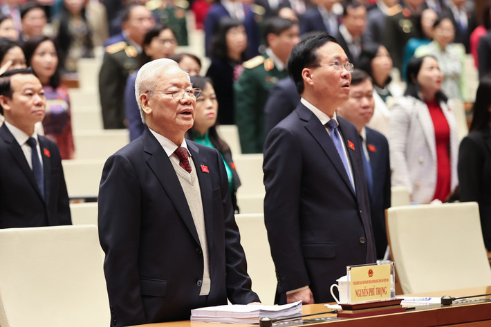 Tổng Bí thư Nguyễn Phú Trọng và Chủ tịch nước Võ Văn Thưởng tại phiên khai mạc kỳ họp bất thường lần thứ 5 Quốc hội khóa XV