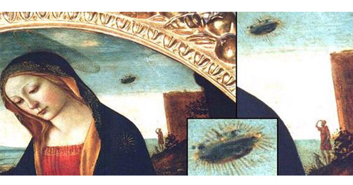 Nhiều tranh vẽ, điêu khắc thời cổ đại miêu tả những vật thể lạ giống UFO lơ lửng trên bầu trời. Những tác phẩm tiêu biểu chứng minh điều này là bức tranh vẽ Madonna và Thánh Giovannino. Trong đó, một người đàn ông và con chó của mình nhìn vào vật thể lạ được cho là UFO.