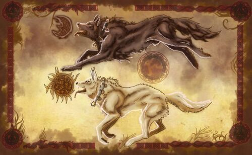 Skoll đuổi theo Mặt Trời trong khi Hati săn đuổi Mặt Trăng. Khi một trong hai thiên thể nằm trong tay chúng, hiện tượng nhật thực sẽ diễn ra.