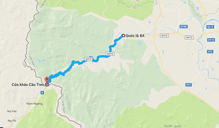 Tuyến quốc lộ 8A dài 85 km từ thị xã Hồng Lĩnh lên cửa khẩu quốc tế Cầu Treo (Hà Tĩnh). Ảnh: Google Maps.