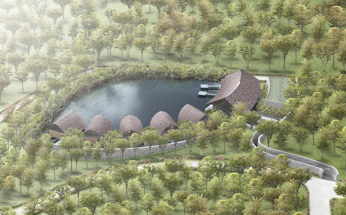 12 gian nhà tre của spa được bố trí theo hình vòng cung để tạo nên tòa nhà chính bao gồm các không gian như lễ tân, khu vực chờ và các phòng tư vấn cho trị liệu và làm đẹp chân.