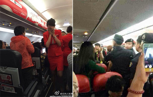 Ngày 12/12/2014, một nữ tiếp viên của hãng Air Asia bị một hành khách gây gổ và cố tình hất nước nóng vào người. Lý do là hành khách này không hài lòng với dịch vụ trên chuyến bay từ Bangkok đến thành phố Nam Kinh, Trung Quốc. Sau khi máy bay quay lại Bangkok, người phụ nữ hắt nước nóng vào tiếp viên và ba hành khách khác đã bị đưa ra khỏi máy bay, đến đồn cảnh sát sân bay.
