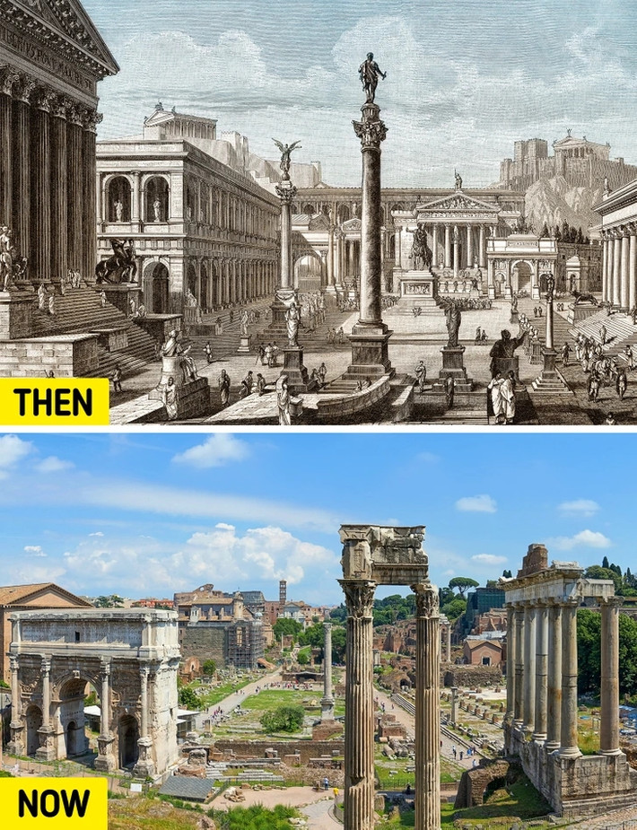 8. Quảng trường La Mã, trung tâm thành phố Rome, Italy: Quảng trường La Mã nằm ở trung tâm thành phố Rome. Nó còn được biết đến với tên Latin Forum Romanum, bao quanh bởi một số tàn tích của tòa nhà chính phủ cổ xưa.