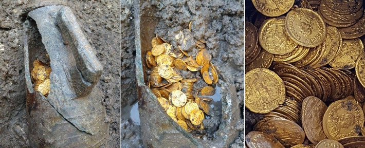 Một số phương tiện truyền thông Italy đưa tin các đồng tiền vàng trên có niên đại từ thế kỷ thứ 5 và ước tính trị giá hàng triệu Euro. Ảnh: MiBAC.