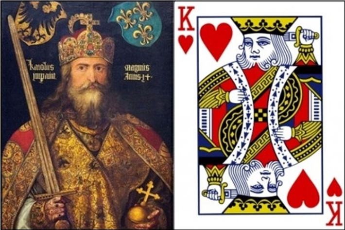 Do đó, trong số các lá bài K, chỉ có duy nhất hình ảnh một vị vua không có ria mép là hoàng đế Charlemagne.
