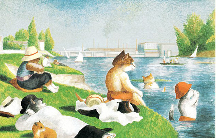 Bức họa "Bathers at Asinieres" của danh họa George Seurat cũng không thoát khỏi sự "xâm lược" của những con mèo vô cùng đáng yêu.