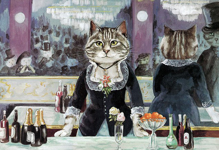 Bức họa "Bar at the Foiles-Bergere" theo trường phái ấn tượng của Edouard Manet bị nhái hoàn toàn và chắc chắn cũng là một trong những bức họa được yêu thích nhất trong vương quốc loài mèo.