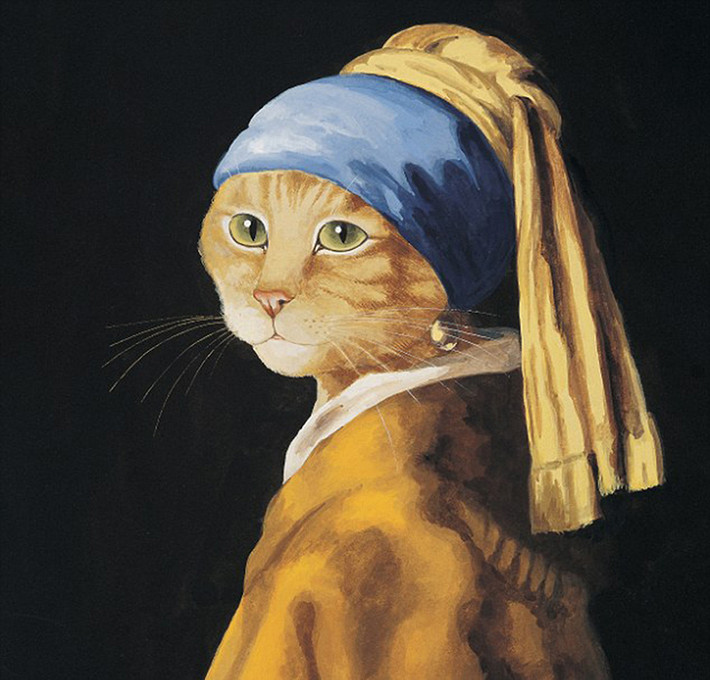Bức tranh "Girl With A Pearl Earring" - Cô gái với chiếc khuyên tai ngọc trai là một bức tranh sơn dầu của họa sĩ người Hà Lan Johannes Vermeer cũng được nghệ sĩ Susan "biến hóa" trở nên ấn tượng với khuôn mặt mèo vàng.