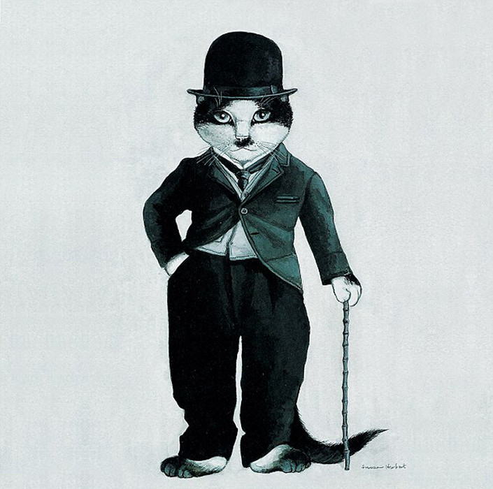 Mèo gạt danh hài Charlie Chaplin sang một bên và hóa thân thành vua hài kịch câm trong bộ phim The Tramp.