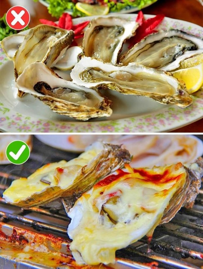 1. Hàu sống Ông Bill Marler đã chia sẻ với mọi người lí do ông không bao giờ ăn hải sản tươi sống, đặc biệt là hàu và những động vật có vỏ sống tại biển. Do sự nóng lên của nước biển, các loại động vật có vỏ đã trở thành nơi trú ẩn lí tưởng của nhiều loại vi khuẩn mới và độc hại. Thay vì ăn hàu sống bạn nên thêm các gia vị khác và nướng hàu vừa tránh ngộ độc lại vẫn thơm ngon.