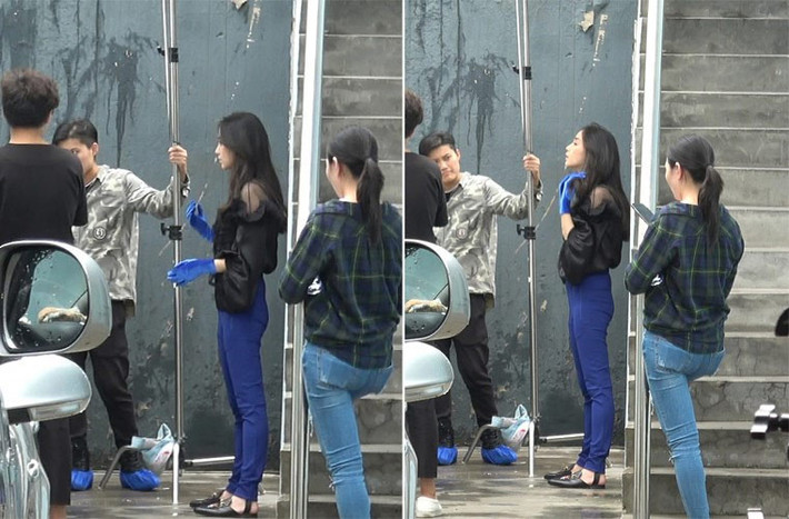 Mới đây, Angelababy còn bị chụp khoảnh khắc mông lép, chân que tăm trên phim trường Thời đại lập nghiệp. Ảnh: 163