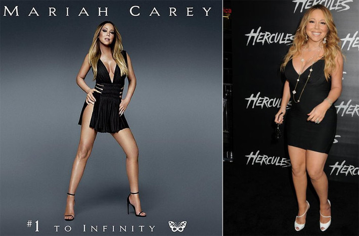 Năm 2015, Mariah Carey bị "ném đá" vì quá tay photoshop cho bìa album #1 To Infinity của cô. Trên bìa đĩa là hình ảnh một Mariah Carey eo thon, đôi chân dài thẳng tắp, vòng 1 vừa vặn rất quyến rũ, khác hẳn với hình ảnh đôi chân bắp chuối, vòng eo bánh mì và vòng ngực đồ sộ của cô ngoài đời. Ảnh: Newyorkdailynews