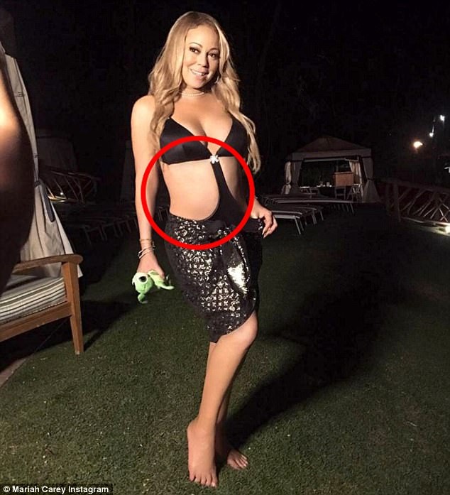 Nhờ photoshop, cái bụng ngấn mỡ và đôi chân to như cột đình của Mariah Carey biến mất thay vào đó là một thân hình khá chuẩn. Tuy nhiên việc Mariah Carey lạm dụng gọt mỡ bằng photoshop lại khiến cô bị nhiều người ném đá. Ảnh: Instagram