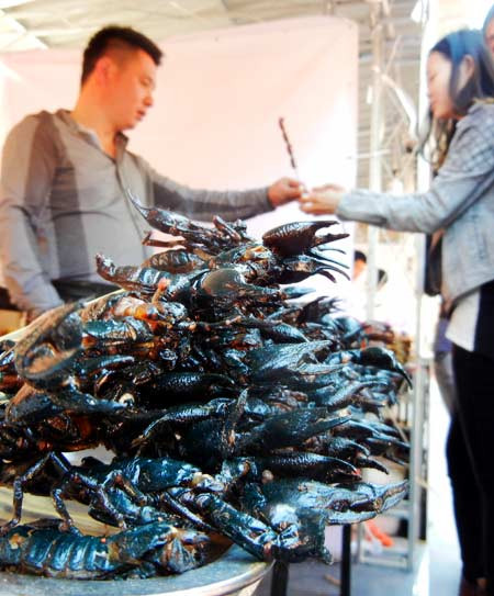 Một nữ khách hàng can đảm thử một trong những món côn trùng nướng.