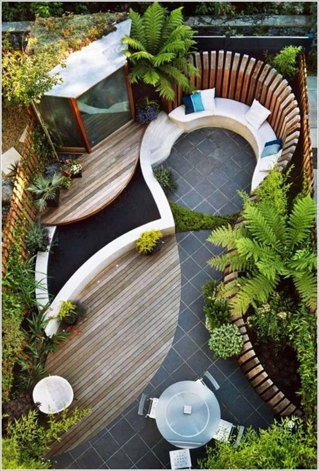 Với những khu sân sau diện tích vừa phải, bạn có thể thiết kế một số không gian nghỉ ngơi và những khu vườn, kết hợp với bồn nước tạo cảnh quan thiên nhiên hài hòa.