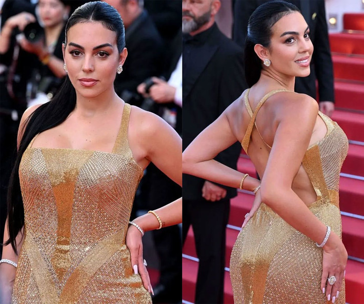 Georgina Rodriguez tạo dáng tự tin trên thảm đỏ, triệt để khoe khéo vóc dáng. Người đẹp lần đầu dự Cannes vào năm 2018. Cô tới các sự kiện thuộc LHP phim danh tiếng với tư cách đại sứ thương hiệu.