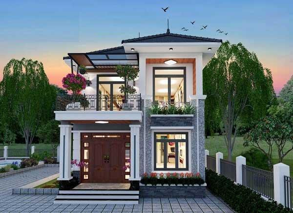 Căn nhà được thiết kế 2 tầng trệt nổi bật với hệ thống mái lệch và lắp đặt rất nhiều đèn sáng trắng cho không gian luôn tươi mới và khoáng đạt.