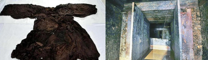 Phần thân áo bào có hoa văn màu đỏ và sau lưng có đính một viên ngọc bích. Kết quả thẩm định cho thấy hiện vật này thuộc về một người phụ nữ.