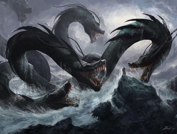 Tiếp đến, quái vật Hydra sở hữu 9 chiếc đầu đáng sợ. Nếu chiến binh nào chặt một đầu của Hydra thì ngay sau đó một chiếc đầu khác sẽ mọc ra. Điều này càng khiến con người khó giết nó hơn.