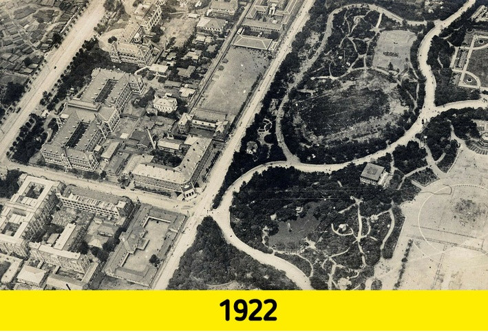 Thủ đô Tokyo ở Nhật Bản năm 1922 mới xuất hiện một số tòa nhà cao tầng. Đây là một trong những địa điểm trên thế giới thay đổi rất nhanh trong hơn 100 năm qua.