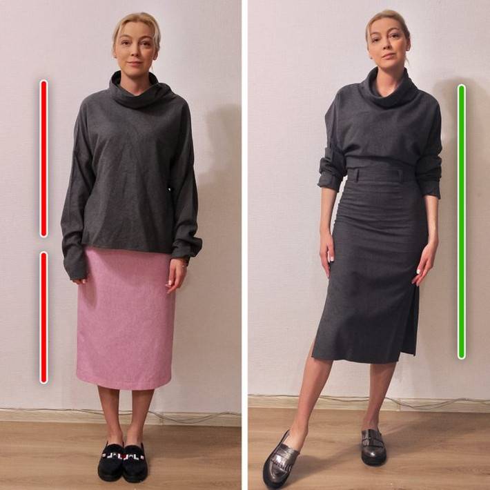 5. Phối đồ đơn sắc: Chúng ta thường tránh cách phối trang phục đơn sắc vì chúng có vẻ nhàm chán và đơn giản, nhưng điều này không đúng. Nếu bạn chọn một chiếc váy và sơ vin với áo cùng màu, trông bạn sẽ thon gọn hơn nhiều.