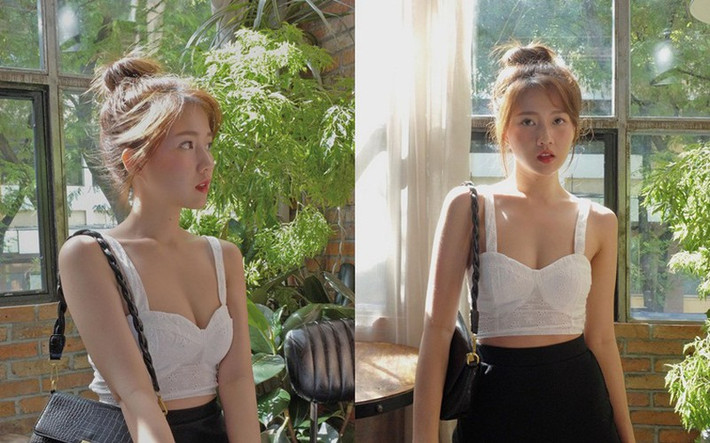 Cô nàng khoe vẻ gợi cảm pha đôi chút mong manh khi diện áo croptop mang cảm hứng bra cùng trang phục cạp cao.