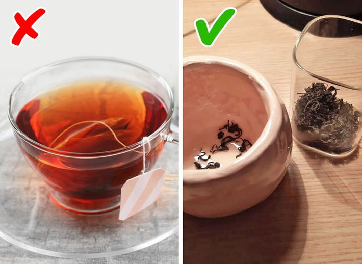 6. Trà lá thay vì túi trà: Ngay cả những túi trà thông thường cũng chứa các vi hạt nhựa. Nếu bạn thực sự không thích lá trà trong tách của mình, bạn có thể mua một chiếc rây lọc bằng kim loại - chỉ cần cho lá trà vào đó và cho vào nước nóng.