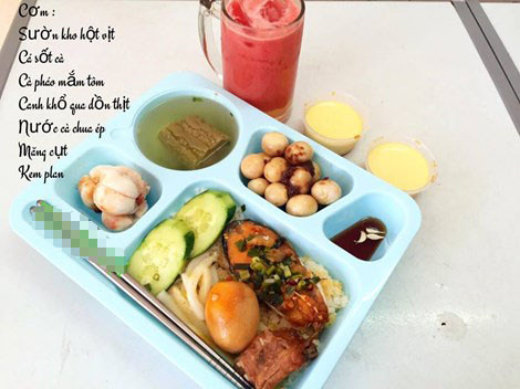Một thực đơn bữa trưa khác giàu dinh dưỡng tốt cho sức khỏe gồm: Cá sốt cà, sườn kho trứng vịt, cà pháo dầm mắm tôm, canh mướp đắng nhồi thịt, trắng miệng với nước ép cà chua, caramen.