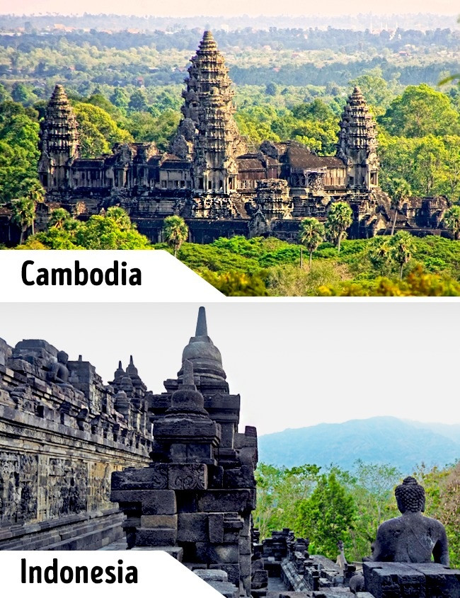 Đền Angkor Wat ở Campuchia và đền Borobudur ở Indonesia mang vẻ đẹp cổ kính, huyền bí.