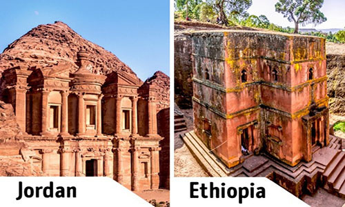 Thành cổ Petra ở Jordan và thị trấn Lalibela, Ethiopia trông giống nhau như hai giọt nước. Hai địa điểm này gây chú ý với phong cách kiến trúc khá giống nhau.