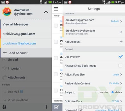 Ứng dụng SolMail cho phép quản lý nhiều tài khoản email cùng 1 lúc và có thể nhanh chóng chuyển từ tài khoản này sang tài khoản khác để xem email gửi đến.
