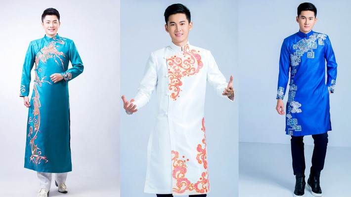 Áo dài dành cho nam sử dụng nhiều màu sắc nổi bật như trắng, vàng đồng, xanh... kèm theo những họa tiết tinh xảo mang lại sự trẻ trung, lịch lãm cho người mặc.