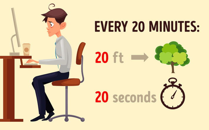 Bài tập 20/20/20: Nếu bạn phải làm việc cả ngày trước màn hình máy tính, hãy tạm dừng sau mỗi 20 phút và nhìn chằm chằm vào thứ gì đó cách 20 feet (6m) trong 20 giây. Bài tập này sẽ giúp mắt bạn thư giãn thường xuyên trong ngày làm việc. Ảnh: BS.