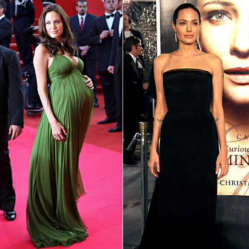Angelina Jolie cũng mang thai đôi nên cô tăng cân khá nhiều. Nhưng sau 3 tháng sinh nở, chỉ nhờ vào ăn uống và luyện tập khoa học, Angelina Jolie đã hoàn toàn lấy lại được vóc dáng lý tưởng.