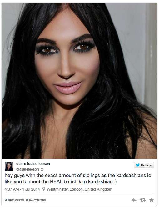 Claire Louise Leeson, cô gái Anh quốc 25 tuổi đã tiêu tốn 30.000 USD để dao kéo sao cho giống Kim Kardashian nhất. Fan của ngôi sao truyền hình thực tế bắt đầu những cuộc biến hình từ năm 17 tuổi và giờ ngoại hình của cô đã khác hẳn với vòng 1 to hơn, răng trắng hơn, làn da rám nắng hơn. (Ảnh: Twitter)