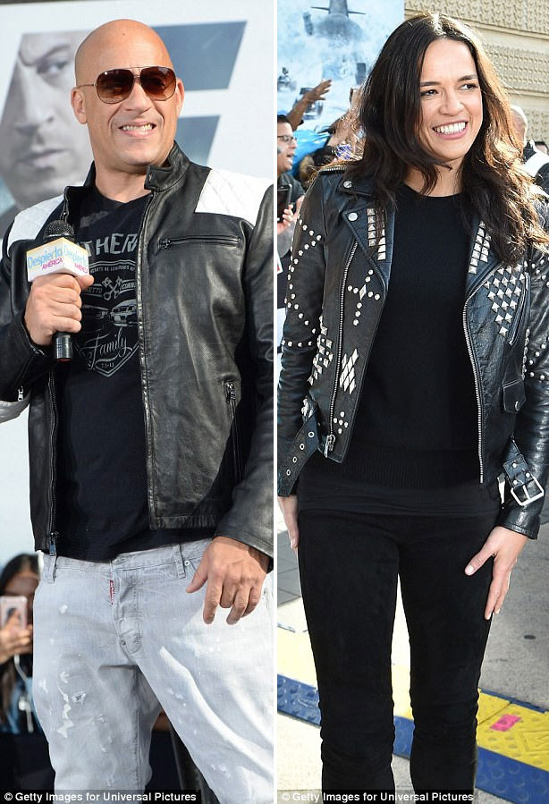 Cả hai diễn viên Vin Diesel và Michelle Rodriguez đều mặc rất khỏe khoắn, áo khoác da, quần jeans, đúng chất của Fast and Furious. (Ảnh: Getty Images)