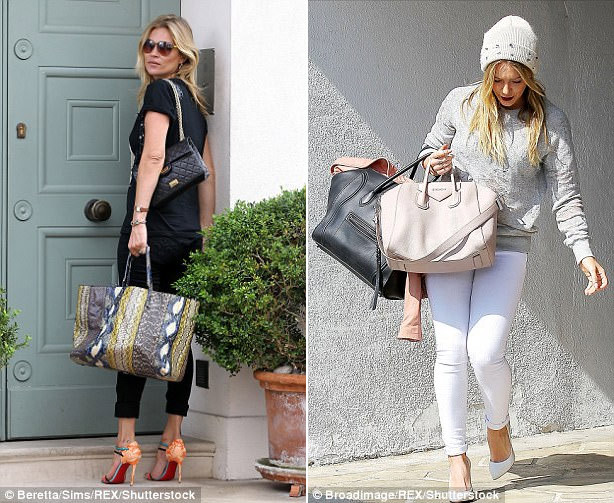 Siêu mẫu Kate Moss vai khoác chiếc túi Chanel giá 4.450 bảng, tay xách chiếc túi to hiệu Balenciaga giá 1.195 bảng. Hilary Duff tay xách nách mang hai chiếc túi to hiệu Celine Phantom và Givenchy giá lần lượt là 2.200 và 1465 bảng Anh. (Ảnh: Rex)