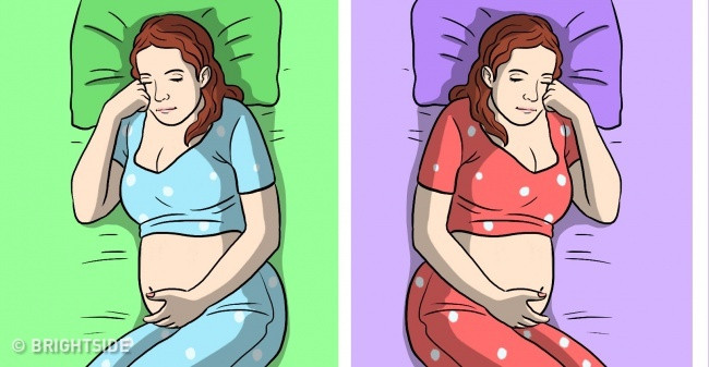 Chọn đúng tư thế ngủ: Khi mang thai, bà bầu sẽ không thể nằm sấp. Ngoài ra, cần hạn chế tư thế nằm ngửa vì trọng lượng của tử cung sẽ chèn lên cột sống và các mạch máu chính, làm giảm lưu lượng máu. Hãy ngủ nghiêng sang một bên với tư thế đầu gối thoải mái và an toàn nhất. Một số người cho rằng ngủ nghiêng bên trái giúp cung cấp lưu lượng máu và chất dinh dưỡng tối đa cho nhau thai nhưng điều này chưa được chứng minh khoa học. Ảnh: Brightside.