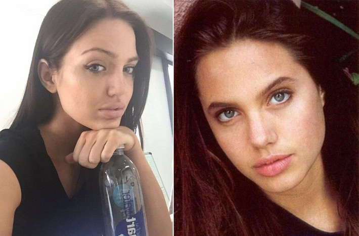Bức ảnh chụp Angelina Jolie lúc trẻ (phải) và Chelsea Marr giống hệt nhau từ thần thái cho tới mọi nét mặt.
