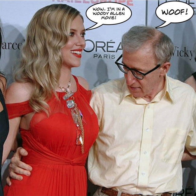 Vị đạo diễn lớn tuổi Woody Allen bị hút mắt vào vòng 1 khủng và tuyệt đẹp của Scarlett Johansson khi hai người cùng tham gia một sự kiện.